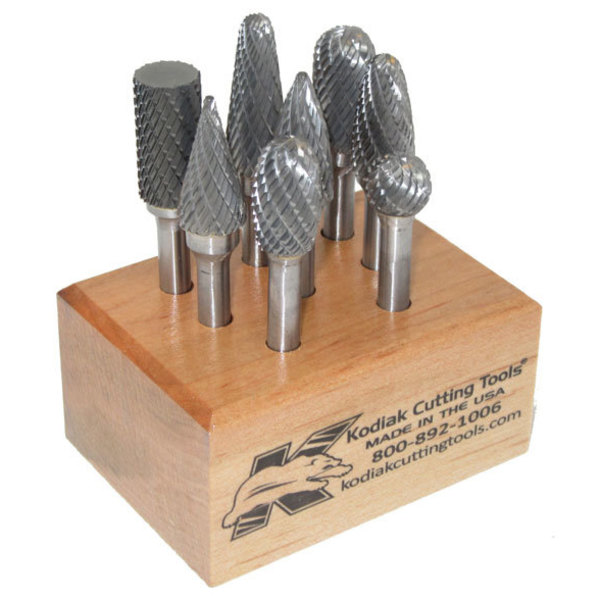 Kodiak Cutting Tools 8Pc Carbide Bur Set 1/2 Inch Dia.w/1/4 Inch Shanks & Wooden Stand 56310002